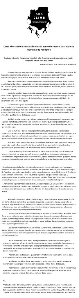 Carta Aberta sobre a Escalada em São Bento do Sapucaí durante esse momento de Pandemia